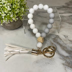 Silicone Bracelet Keychain with Wood Bead & Tassel - White Marble