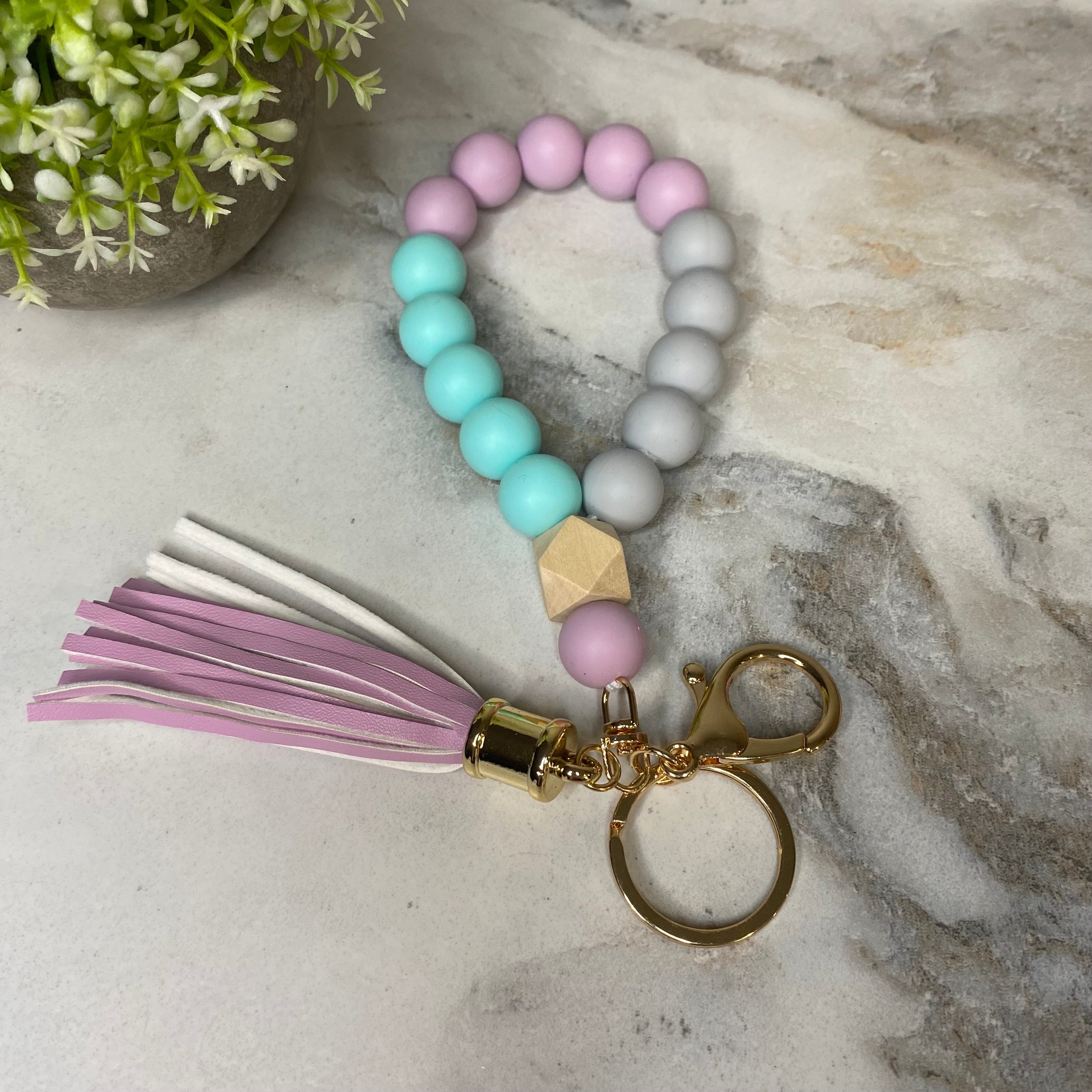 Silicone Bracelet Keychain with Wood Bead & Tassel - Lavender & Aqua
