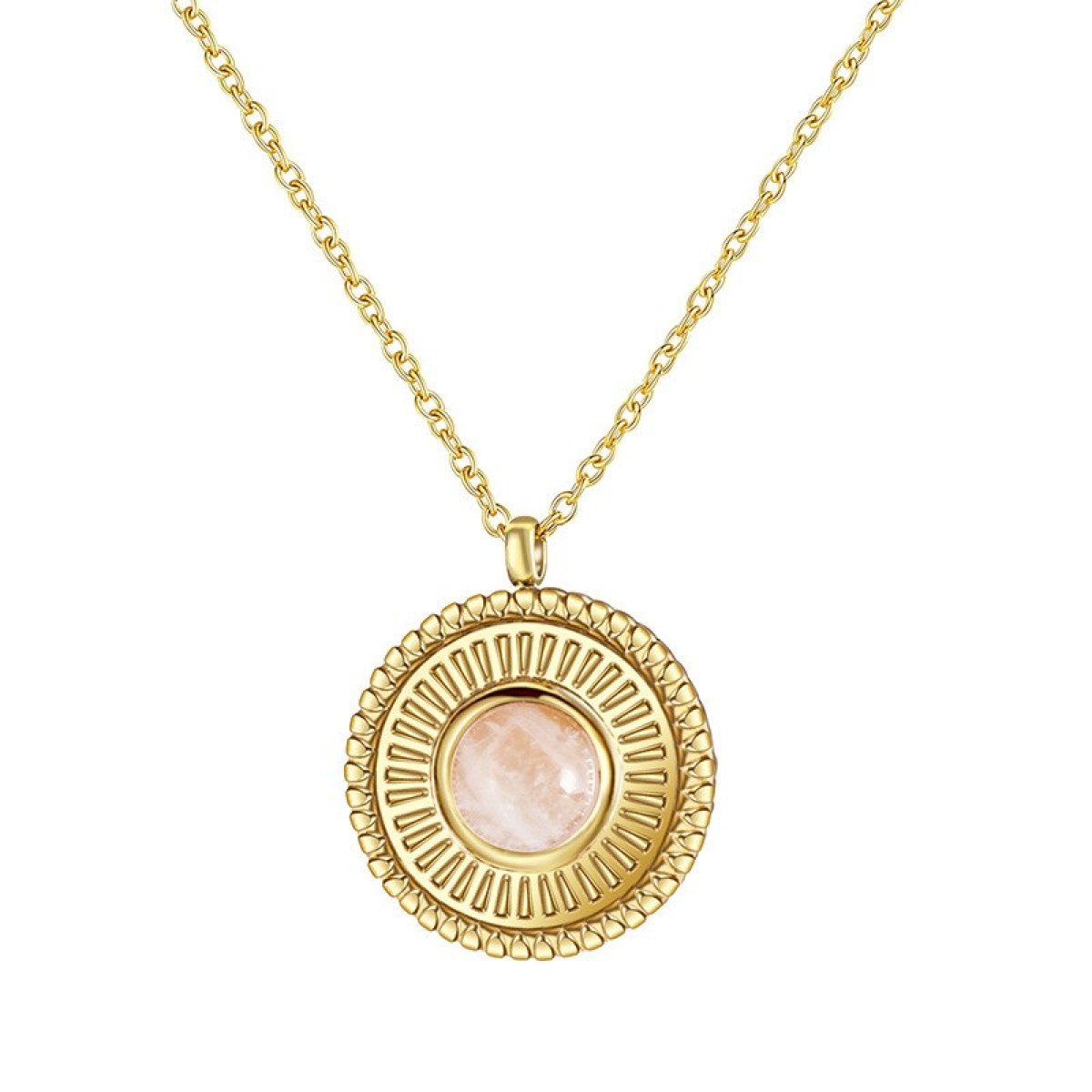 Retro Texture Rose Quartz Round Pendant Collar Necklace